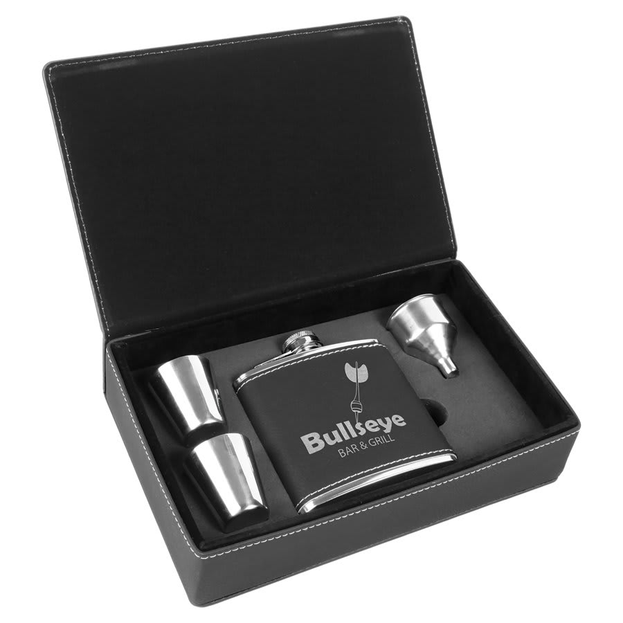 Black/Silver Leatherette Flask Gift Set