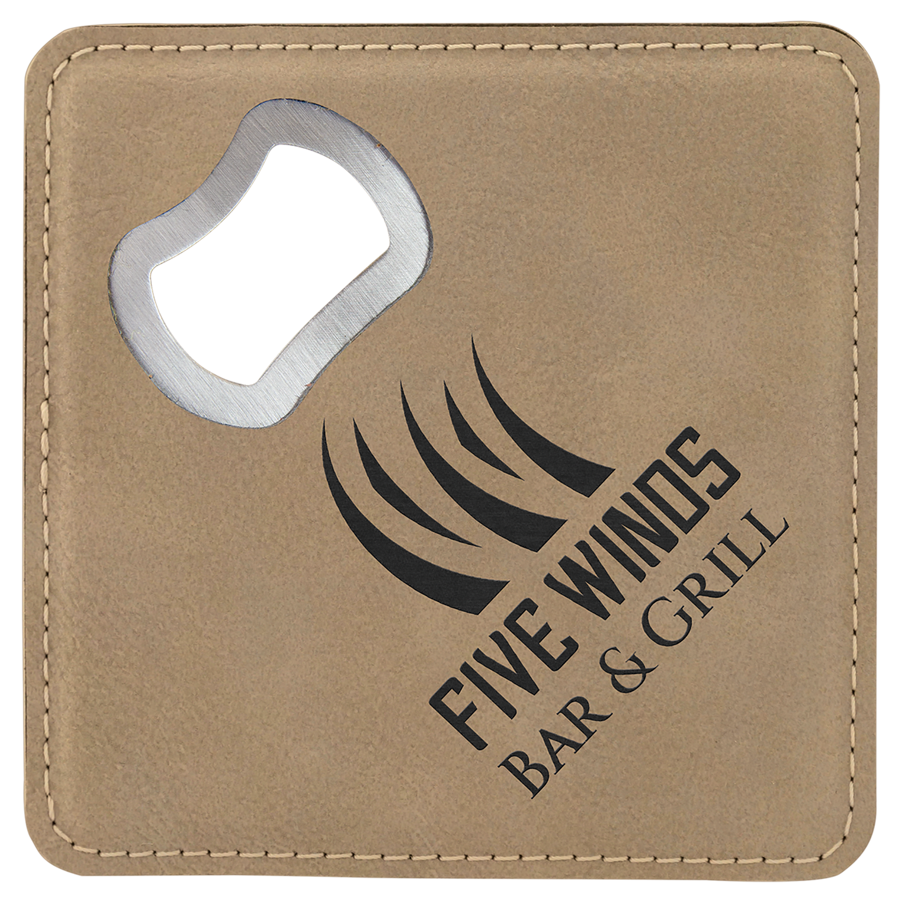 4" x 4" Light Brown Leatherette Coaster with Built-In Bottle Opener