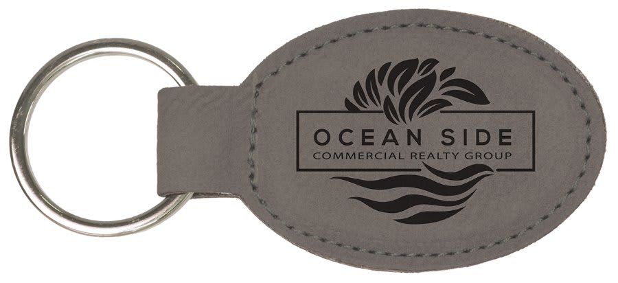 3" x 1¾" Oval Gray Leatherette Keychain