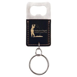 2¾" x 1½" Black/Gold Leatherette Bottle Opener Keychain
