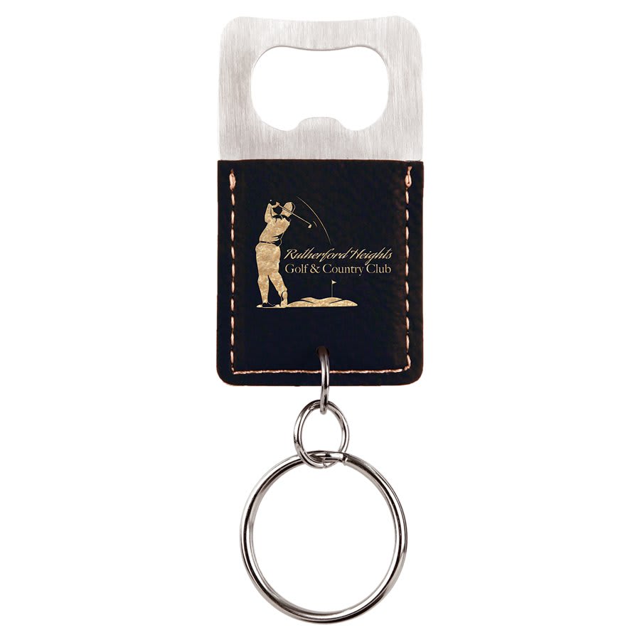 2¾" x 1½" Black/Gold Leatherette Bottle Opener Keychain