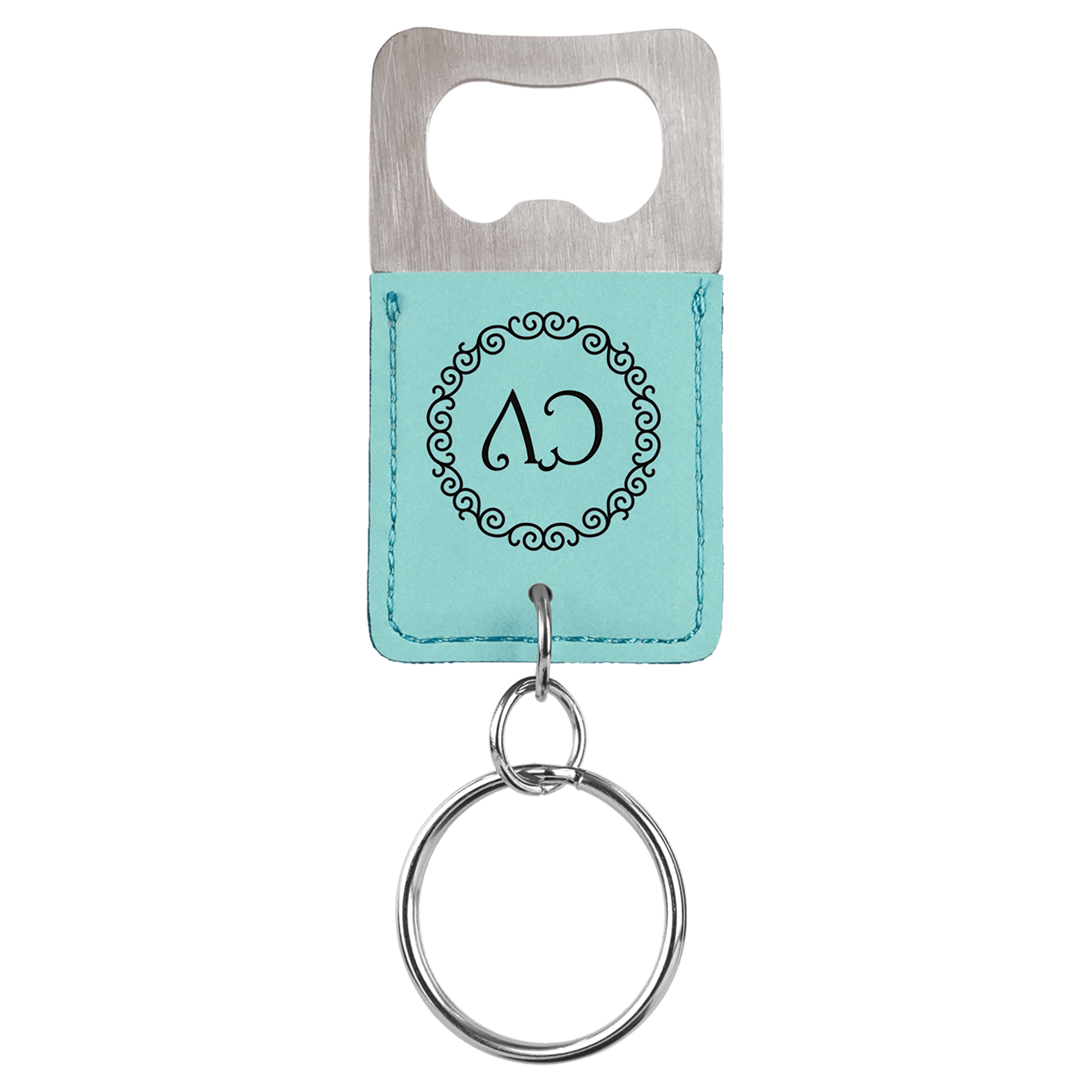 2¾" x 1½" Teal Leatherette Bottle Opener Keychain