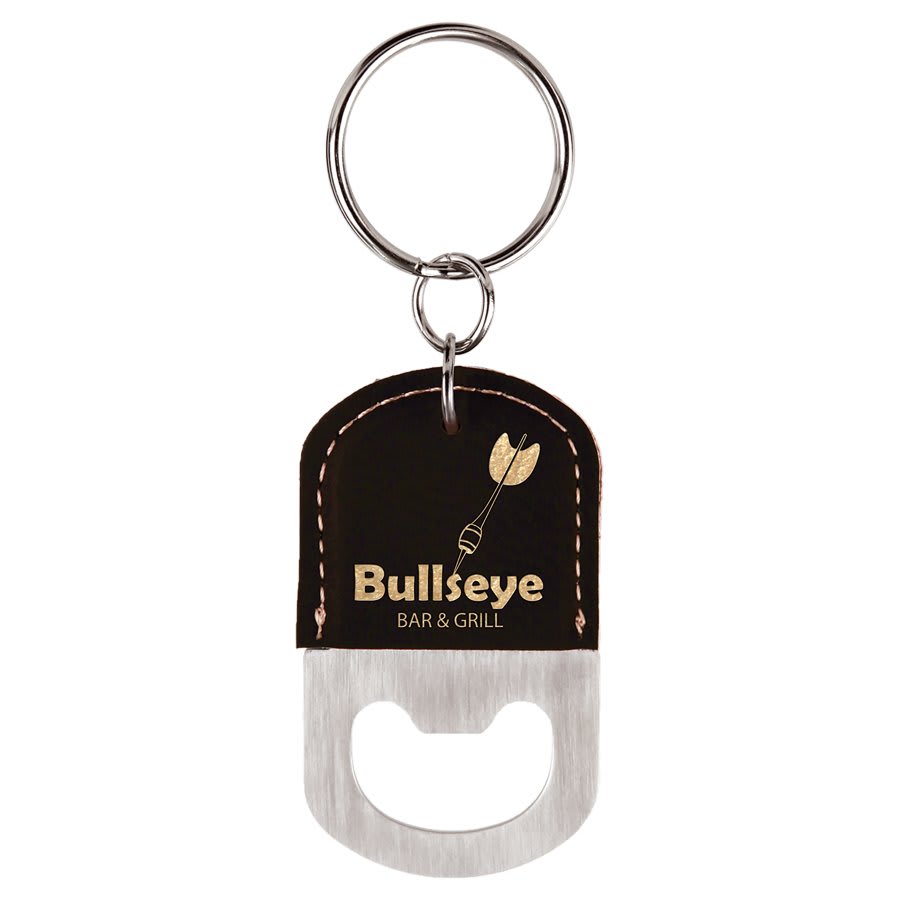 2½" x 1½" Black/Gold Leatherette Bottle Opener Keychain