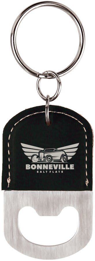 2½" x 1½" Black/Silver Leatherette Bottle Opener Keychain