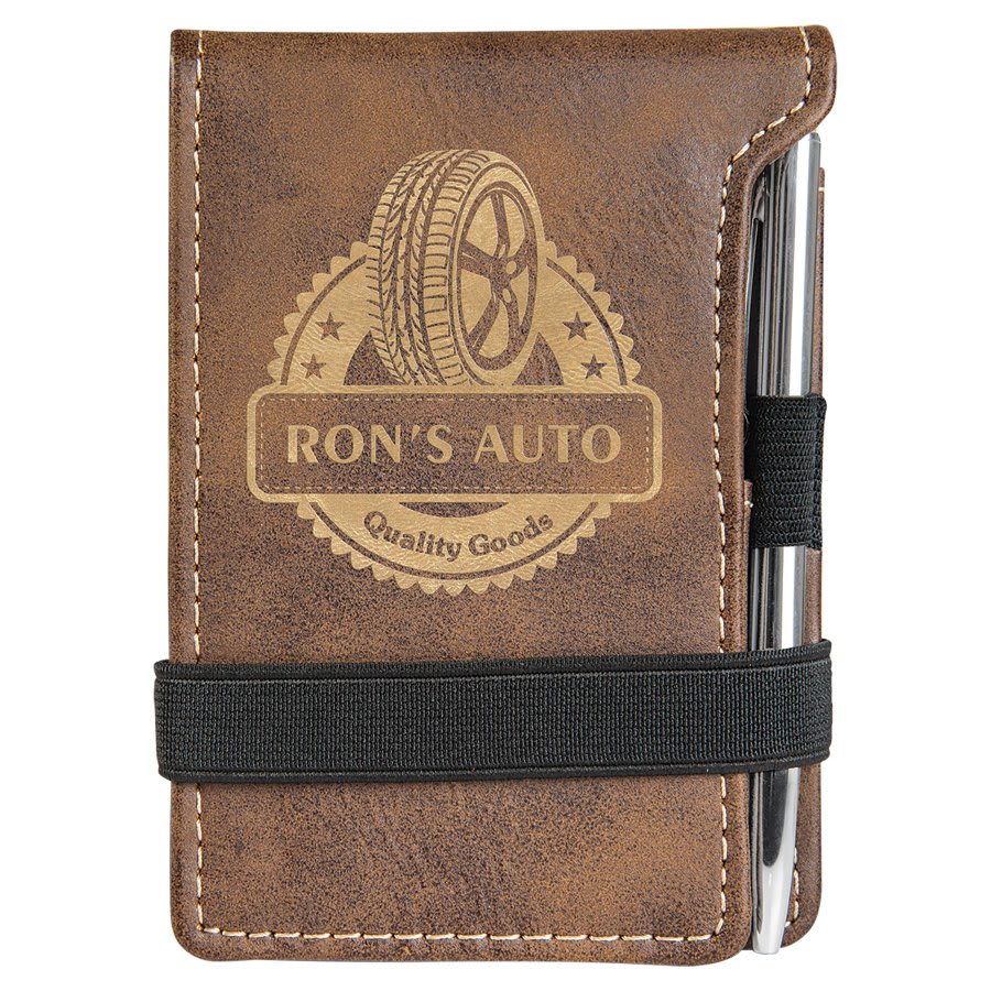 3¼" x 4¾" Rustic/Gold Leatherette Mini Notepad with Pen