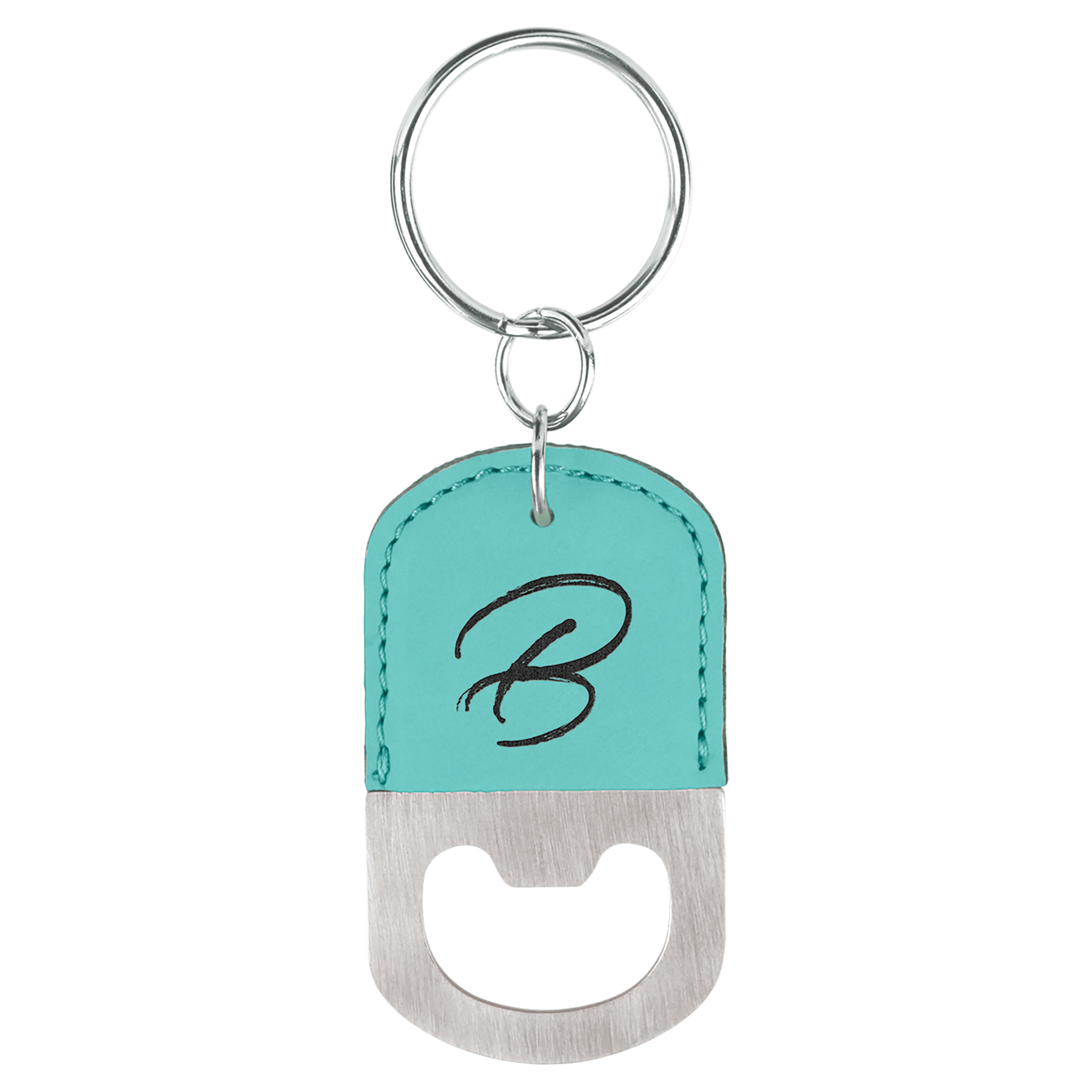 2½" x 1½" Teal Leatherette Bottle Opener Keychain