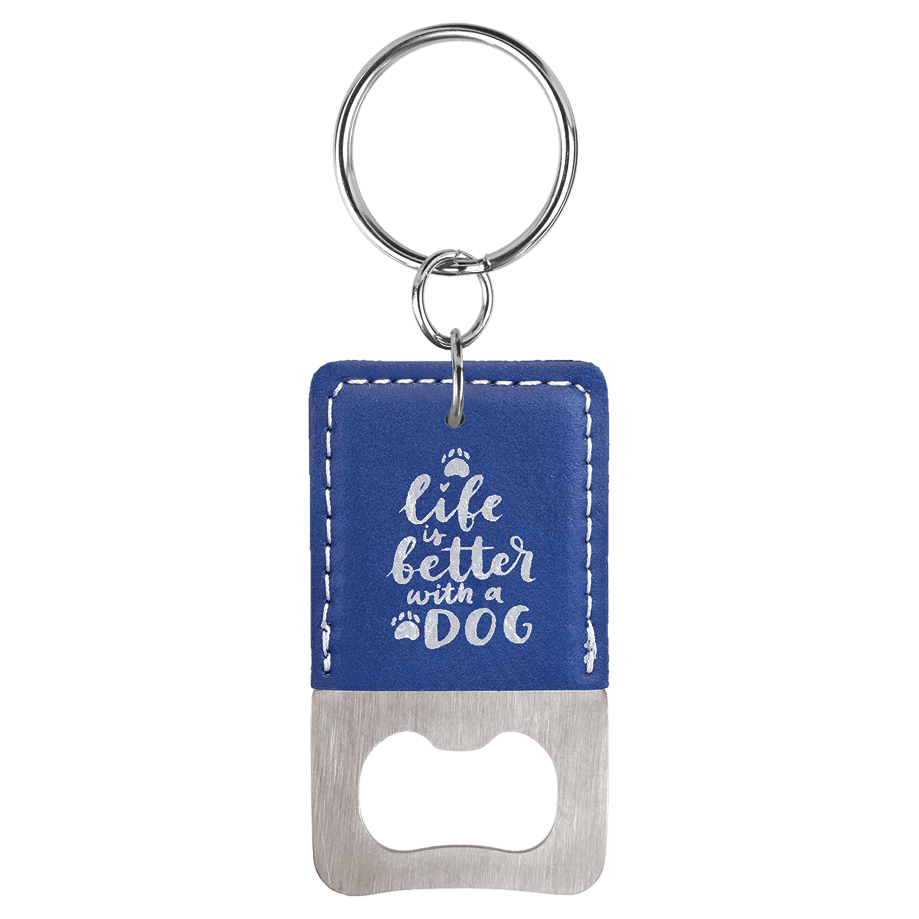2¾" x 1½" Blue/Silver Leatherette Bottle Opener Keychain