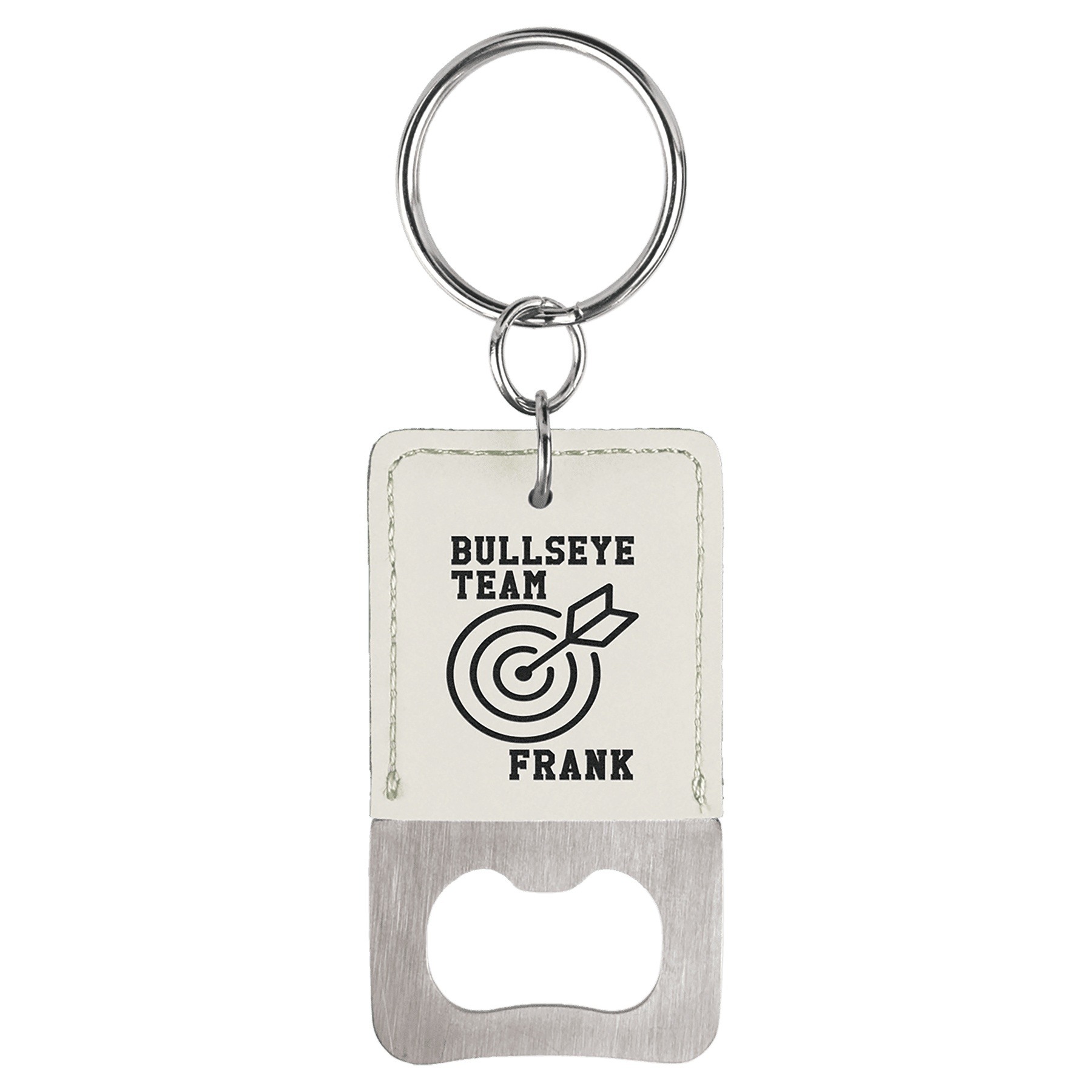 2¾" x 1½" White/Black Leatherette Bottle Opener Keychain