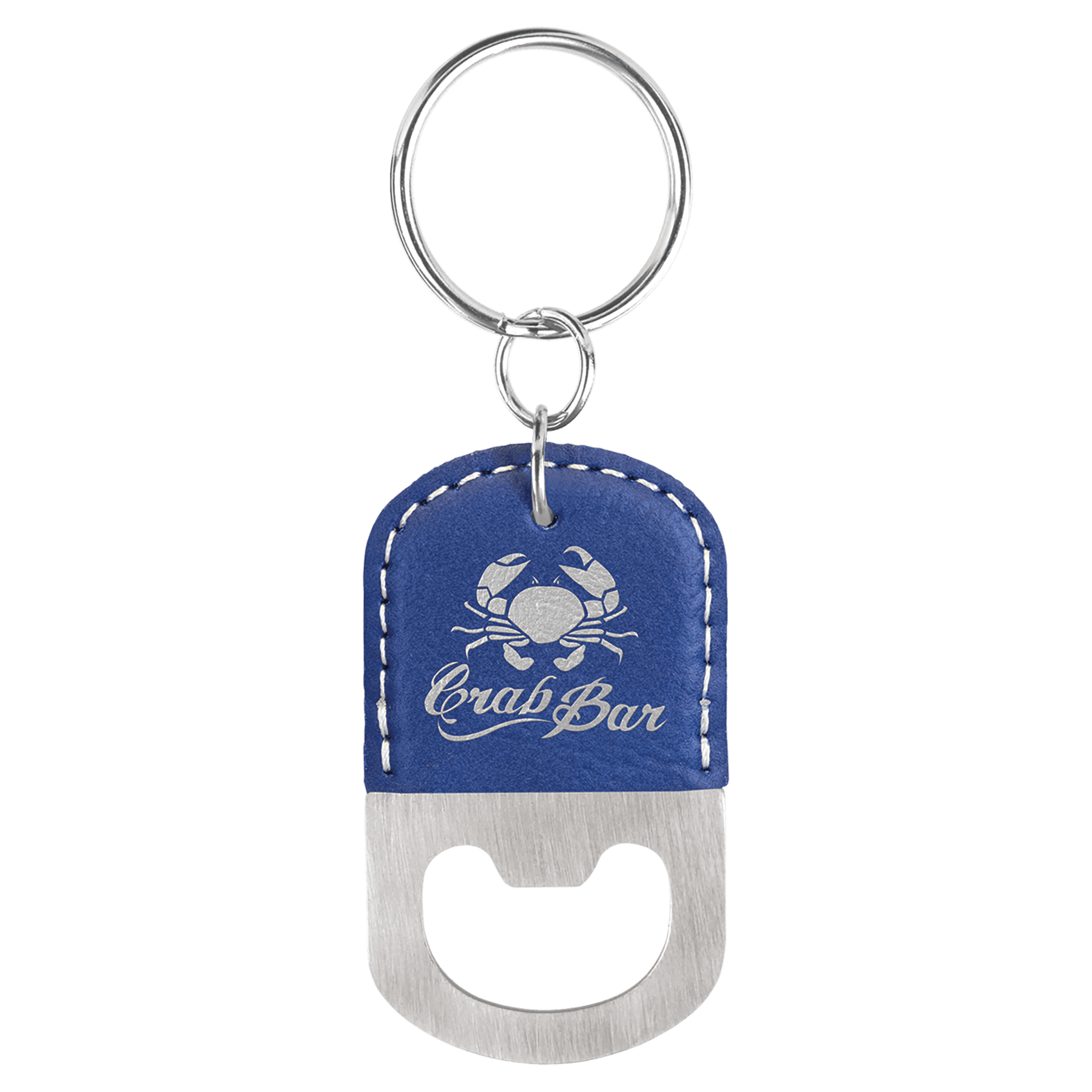 2½" x 1½" Blue/Silver Leatherette Bottle Opener Keychain