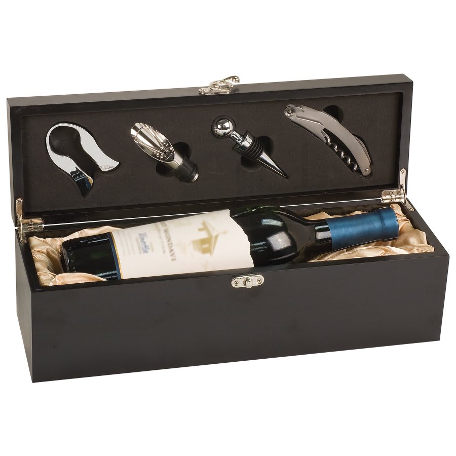 Black Leatherette Single Wine Box with Tools