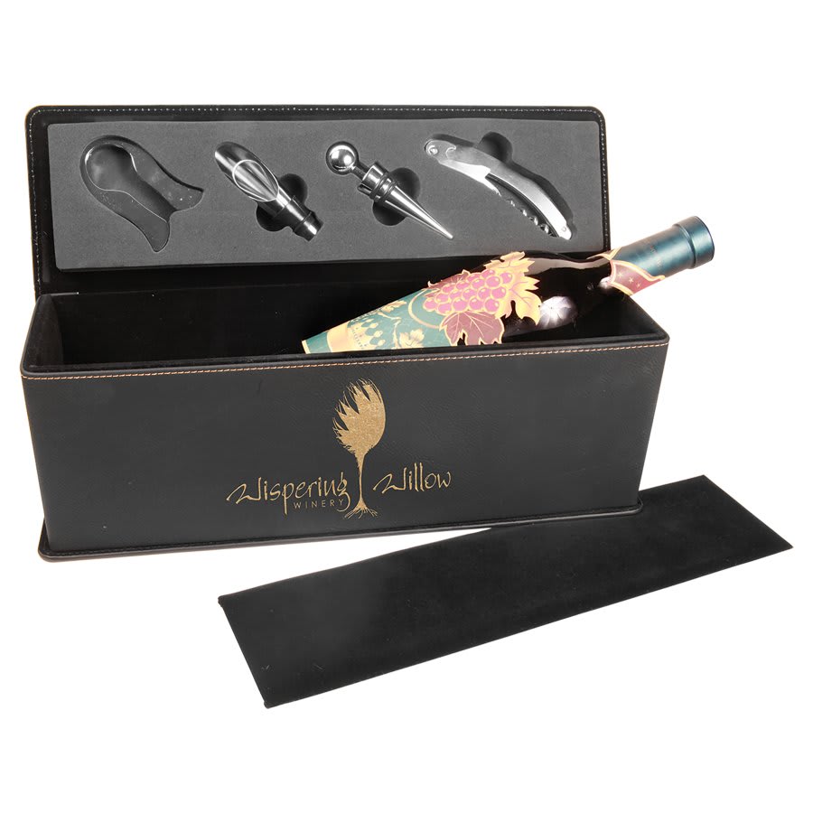 Black/Gold Leatherette Single Wine Box with Tool