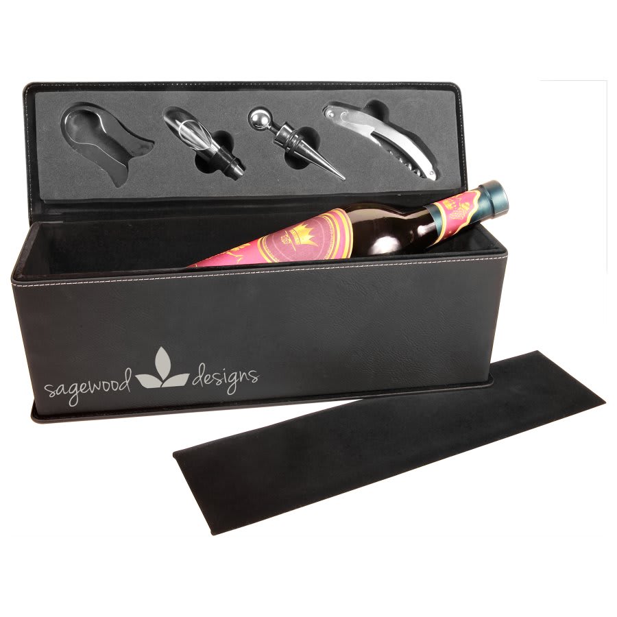 Black/Silver Leatherette Single Wine Box with Tool