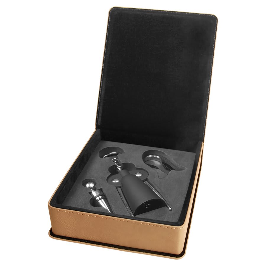 Light Brown Leatherette 3-Piece Wine Tool Set